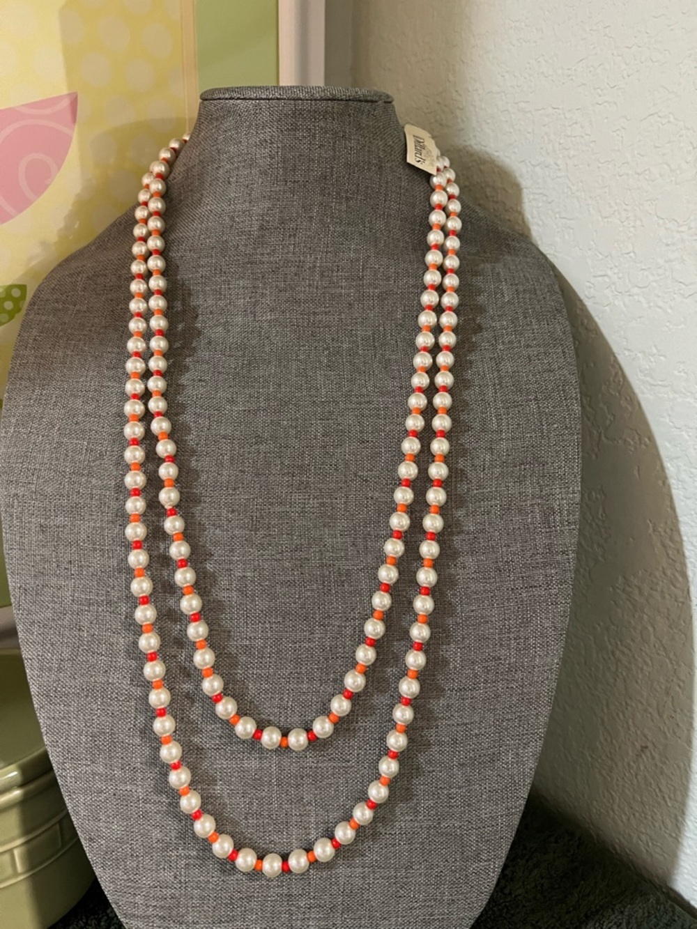 Classic Double-Strand Pearl Necklace with Coral Accents NEW #DILL1
